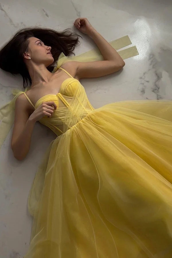 Yellow Tulle Long A-Line Evening Dress Cute Spaghetti Strap Prom Dress